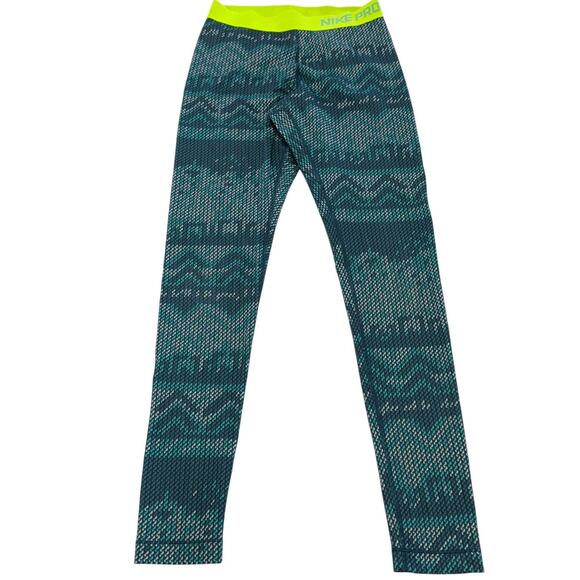 Nike Leggings Womens Small Blue Yellow Hyperwarm Nordic‎ Print Active - Picture 2 of 10